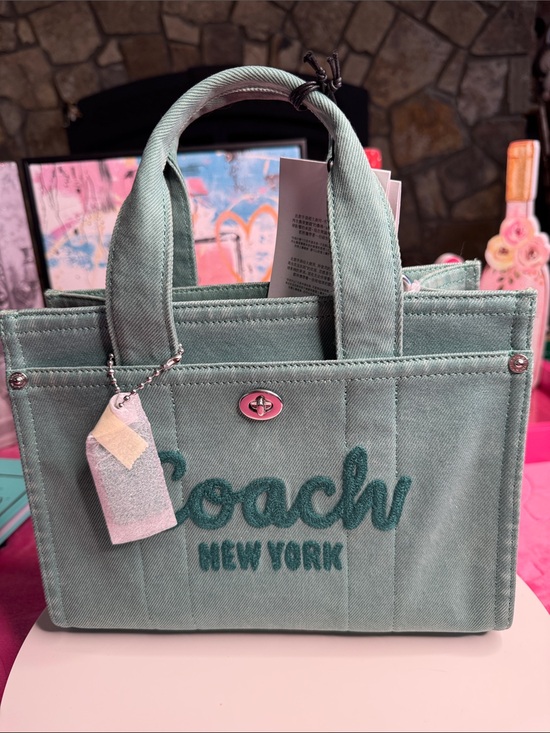 Coach Handbags - Coach 2557 Teal Denim Cargo Tote CBG46 Turnlock Snap Pockets Green Interior NWT